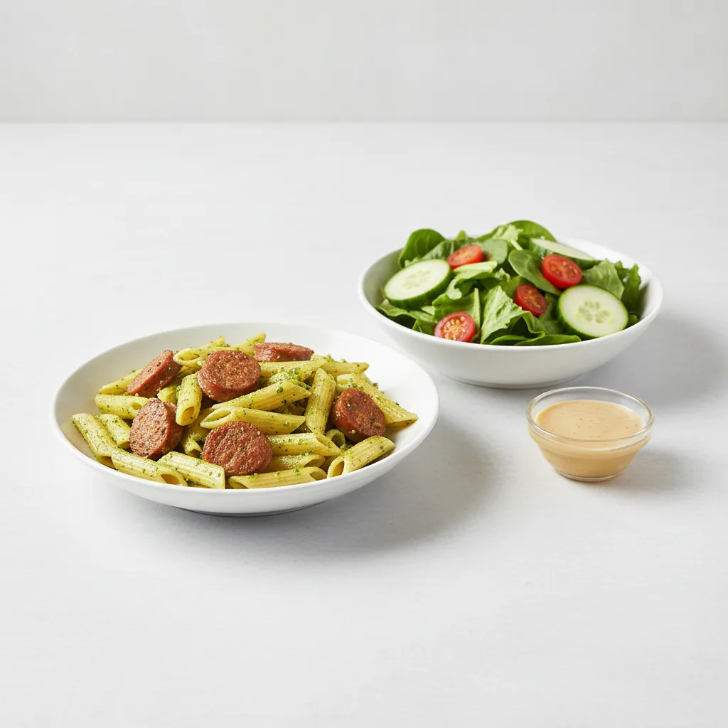 Gluten Free Penne Pesto With Italian Sausage with a House Salad Gluten Free Penne Pesto With Italian Sausage with a House Salad