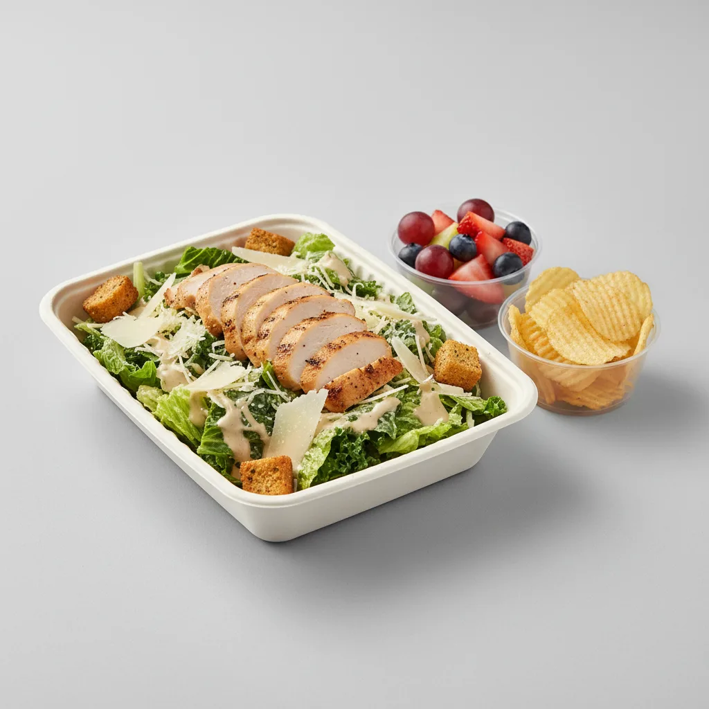 Chicken Caesar Salad with Chips and Fruit Chicken Caesar Salad with Chips and Fruit