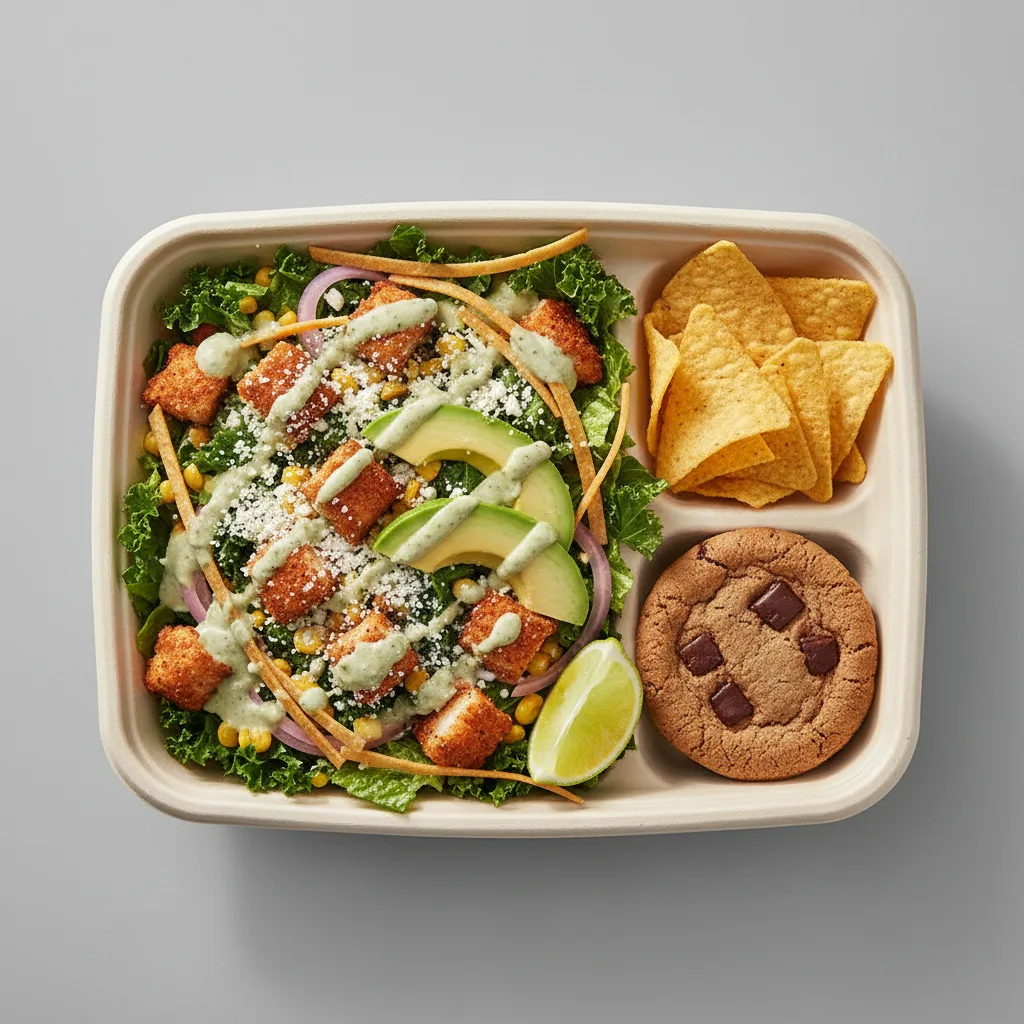Crispy Chicken Poblano Salad with Chips and Cookie Crispy Chicken Poblano Salad with Chips and Cookie