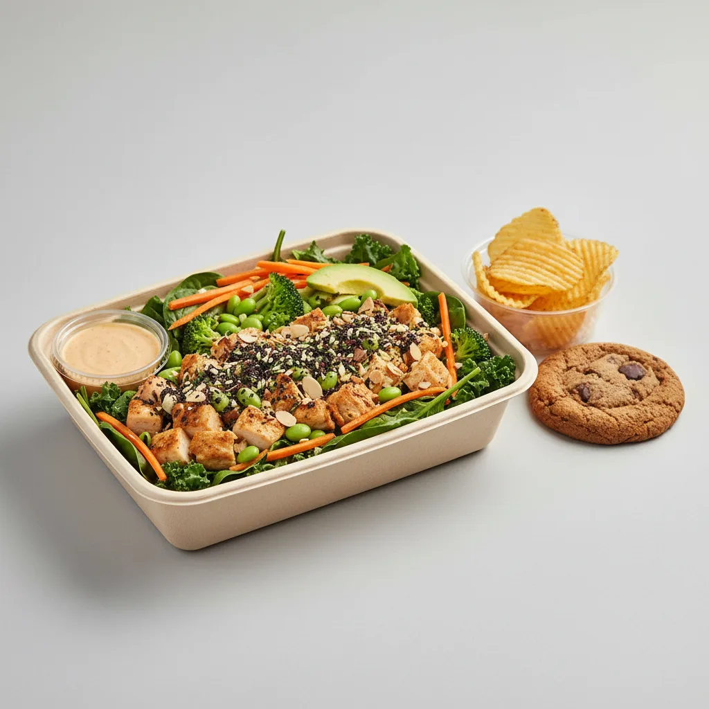 Tokyo Supergreens with Oven Roasted Chicken Salad with Chips and Cookie Tokyo Supergreens with Oven Roasted Chicken Salad with Chips and Cookie