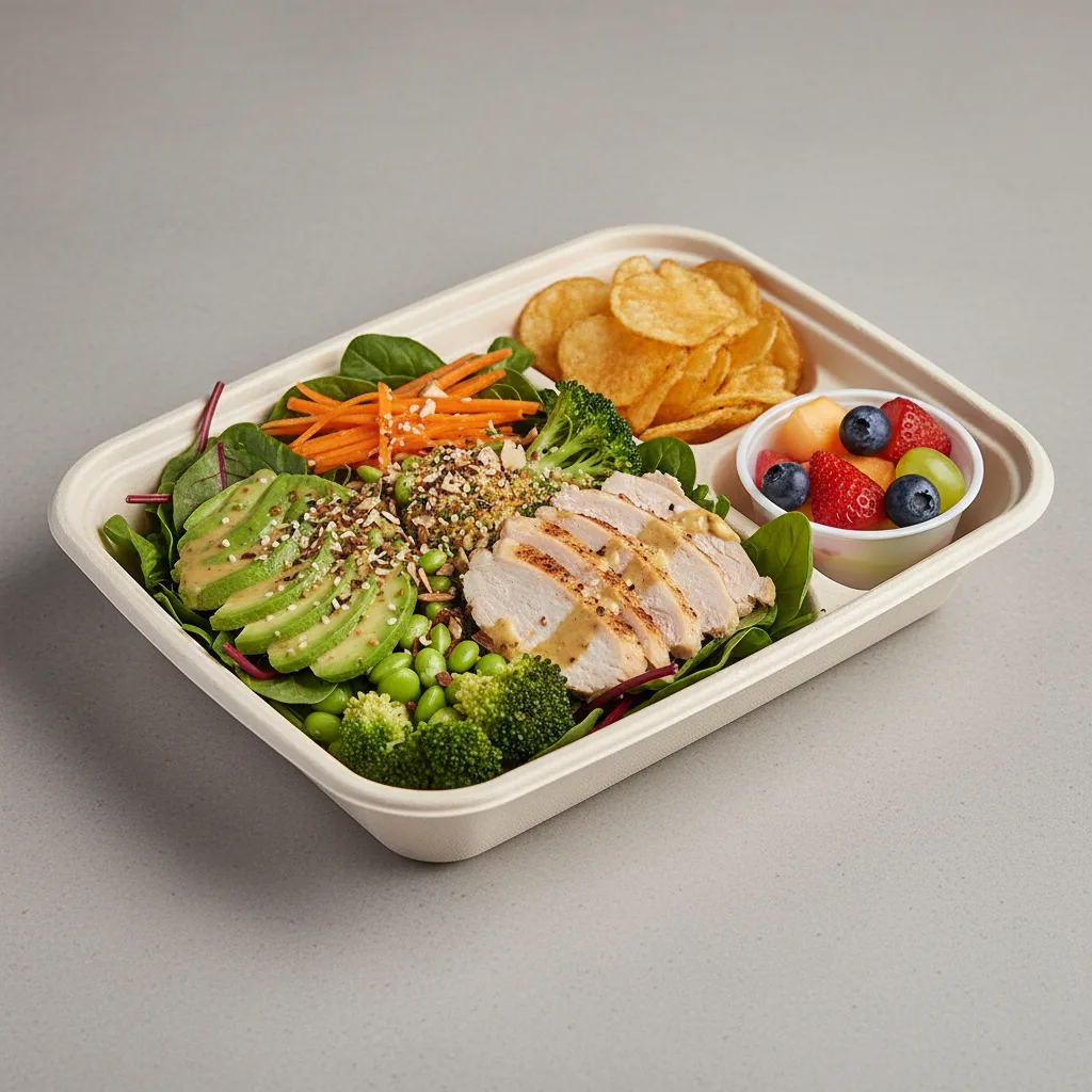 Tokyo Supergreens with Oven Roasted Chicken Salad with Chips and Fruit Tokyo Supergreens with Oven Roasted Chicken Salad with Chips and Fruit