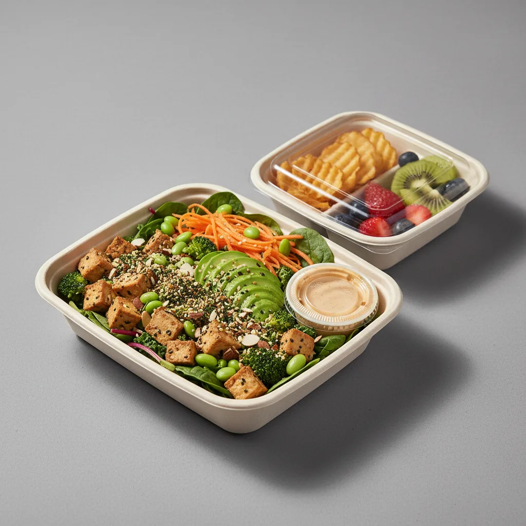 Tokyo Supergreens with Organic Sesame Tofu Salad with Chips and Fruit Tokyo Supergreens with Organic Sesame Tofu Salad with Chips and Fruit