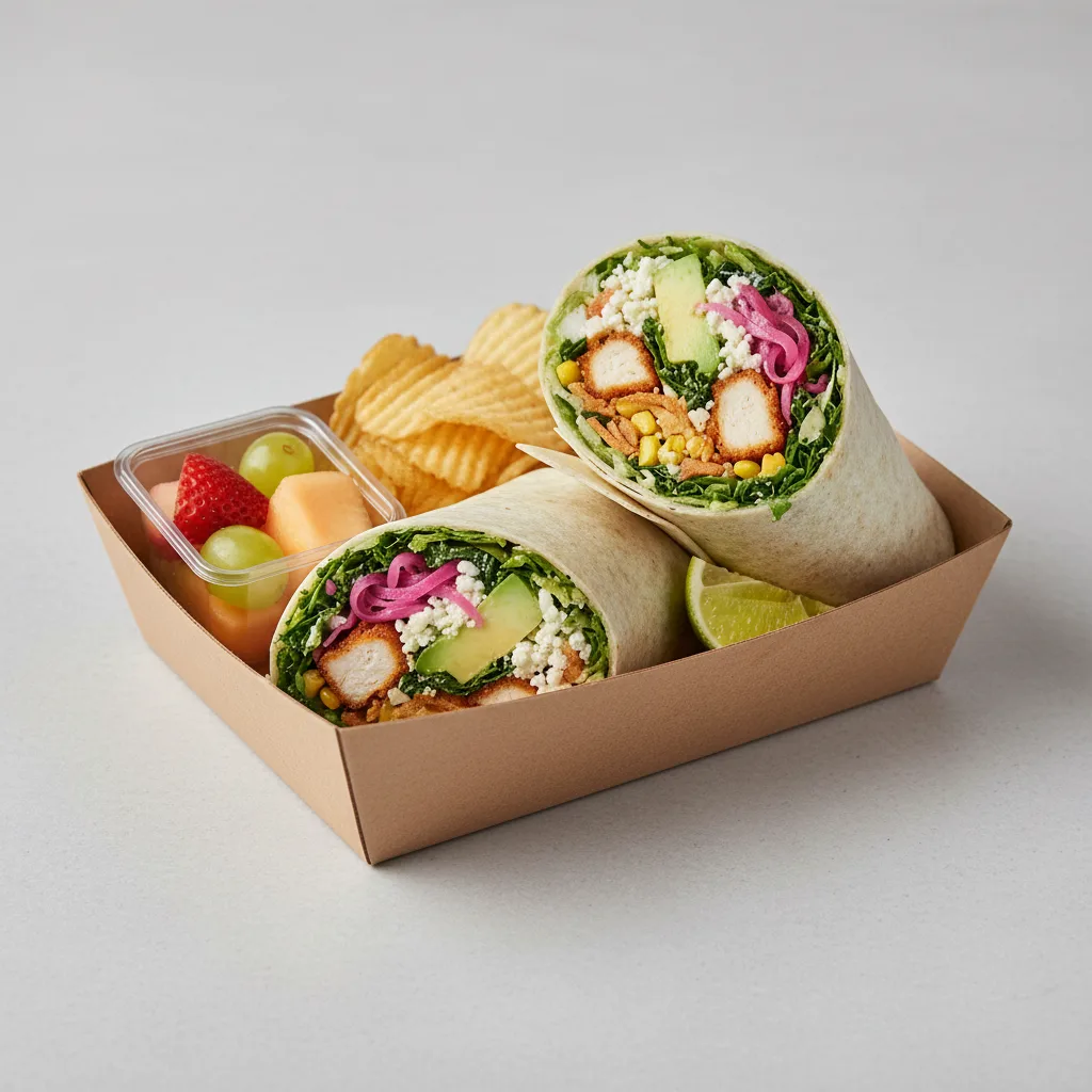 Crispy Chicken Poblano Wrap with Chips and Fruit Crispy Chicken Poblano Wrap with Chips and Fruit