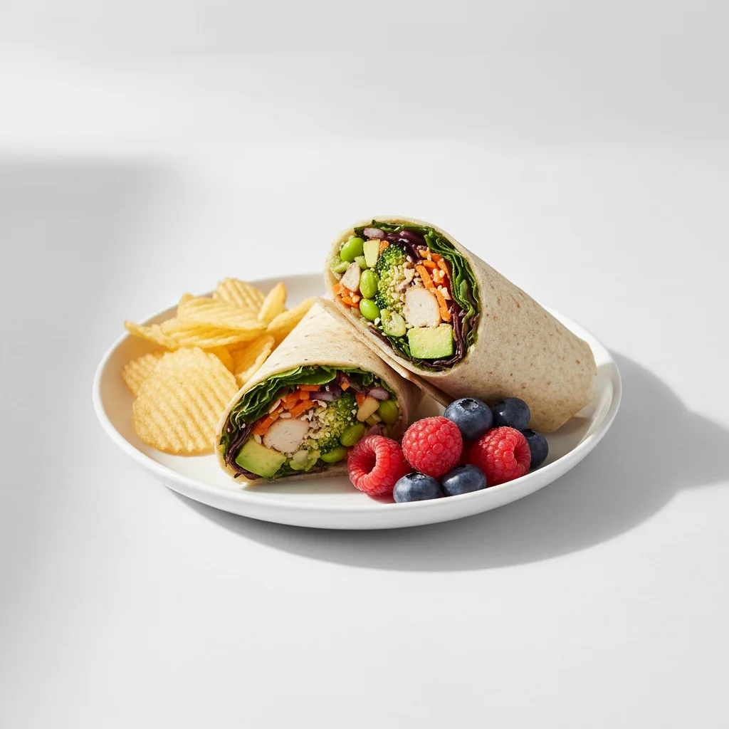 Tokyo Supergreens with Oven Roasted Chicken Wrap with Chips and Fruit Tokyo Supergreens with Oven Roasted Chicken Wrap with Chips and Fruit