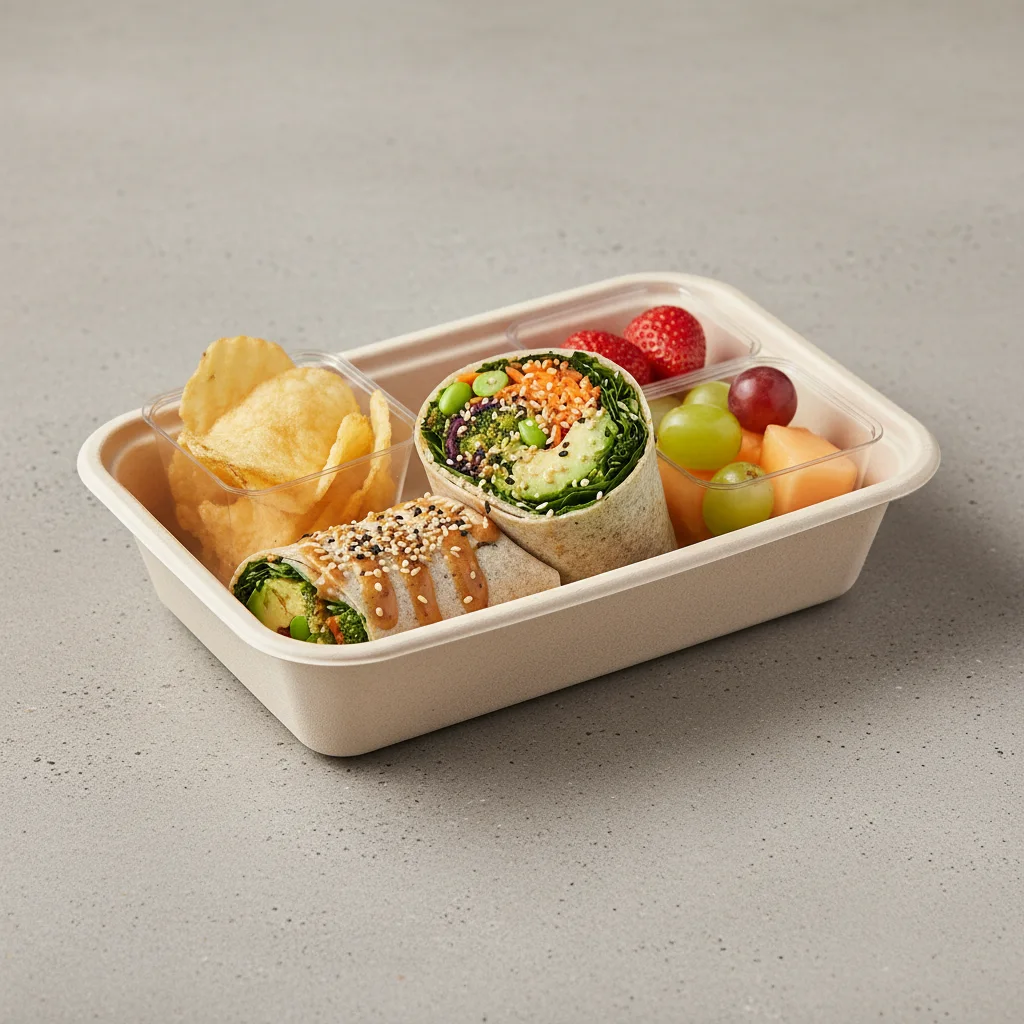 Tokyo Supergreens with Organic Sesame Tofu Wrap with Chips and Fruit Tokyo Supergreens with Organic Sesame Tofu Wrap with Chips and Fruit