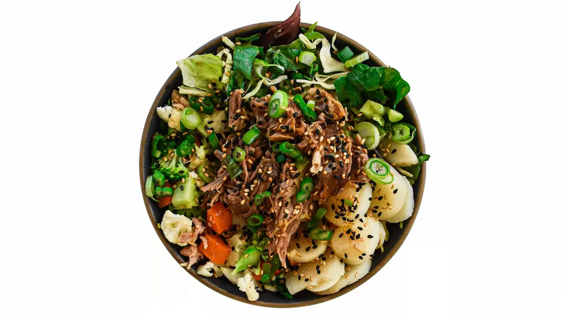 Light Carb Pork Shoulder Greens Bowl with Lemon Garlic Soy Sauce