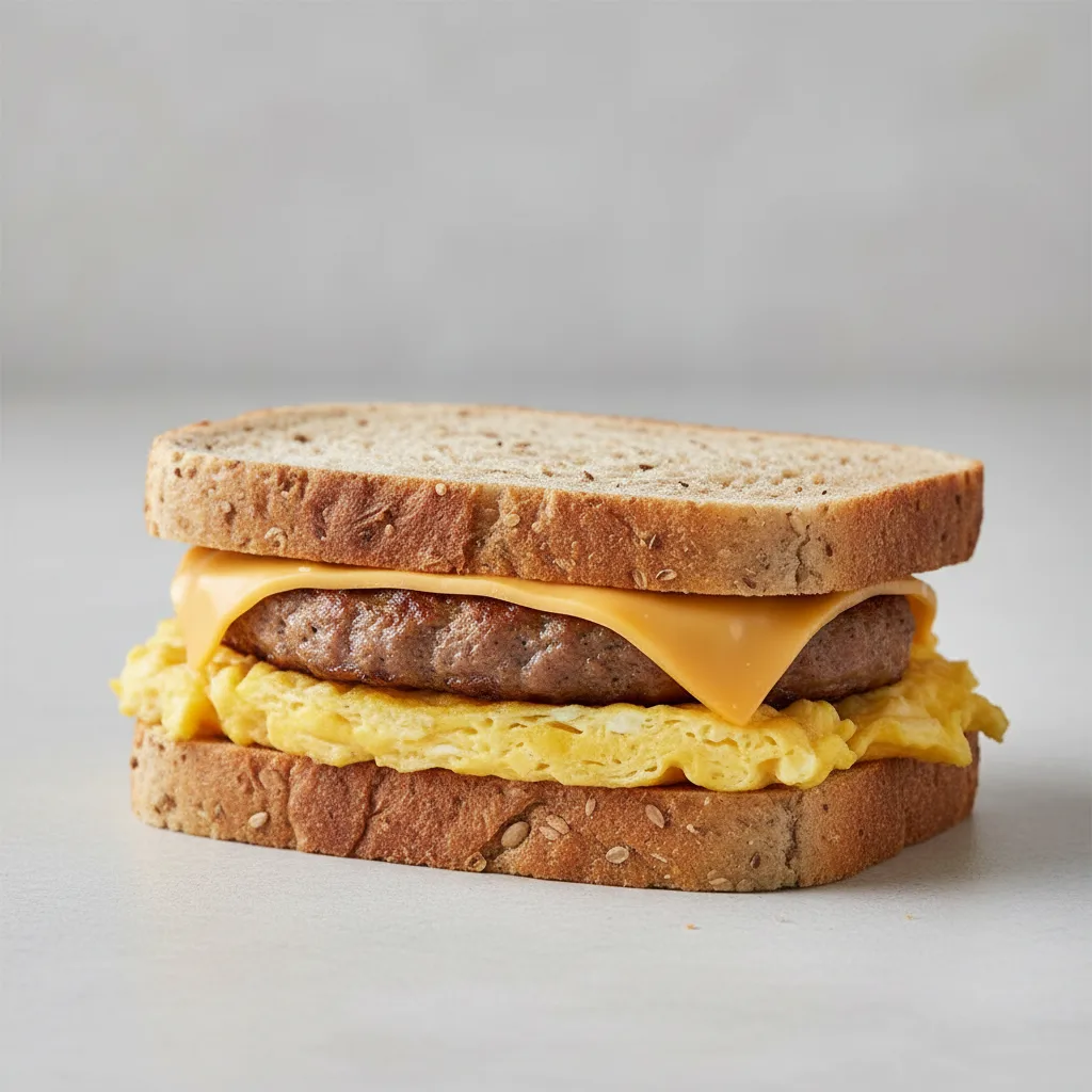 Sausage Egg and Cheese Gluten Free Bread Sandwich Sausage Egg and Cheese Gluten Free Bread Sandwich