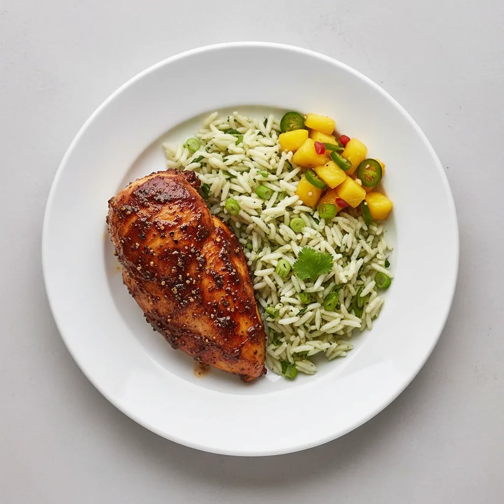 Jerk Chicken with Cilantro Rice and Mango Pineapple Salsa