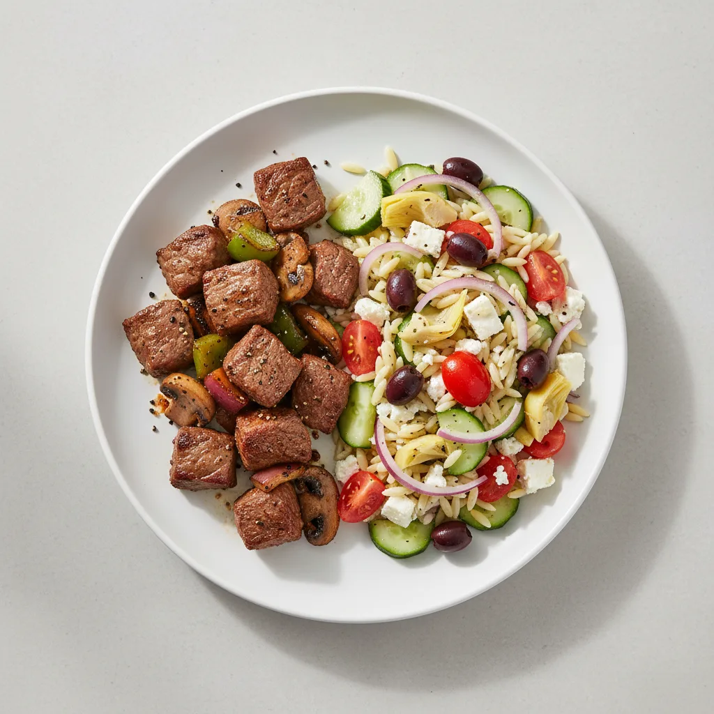 Beef Kabob with Greek Orzo Salad