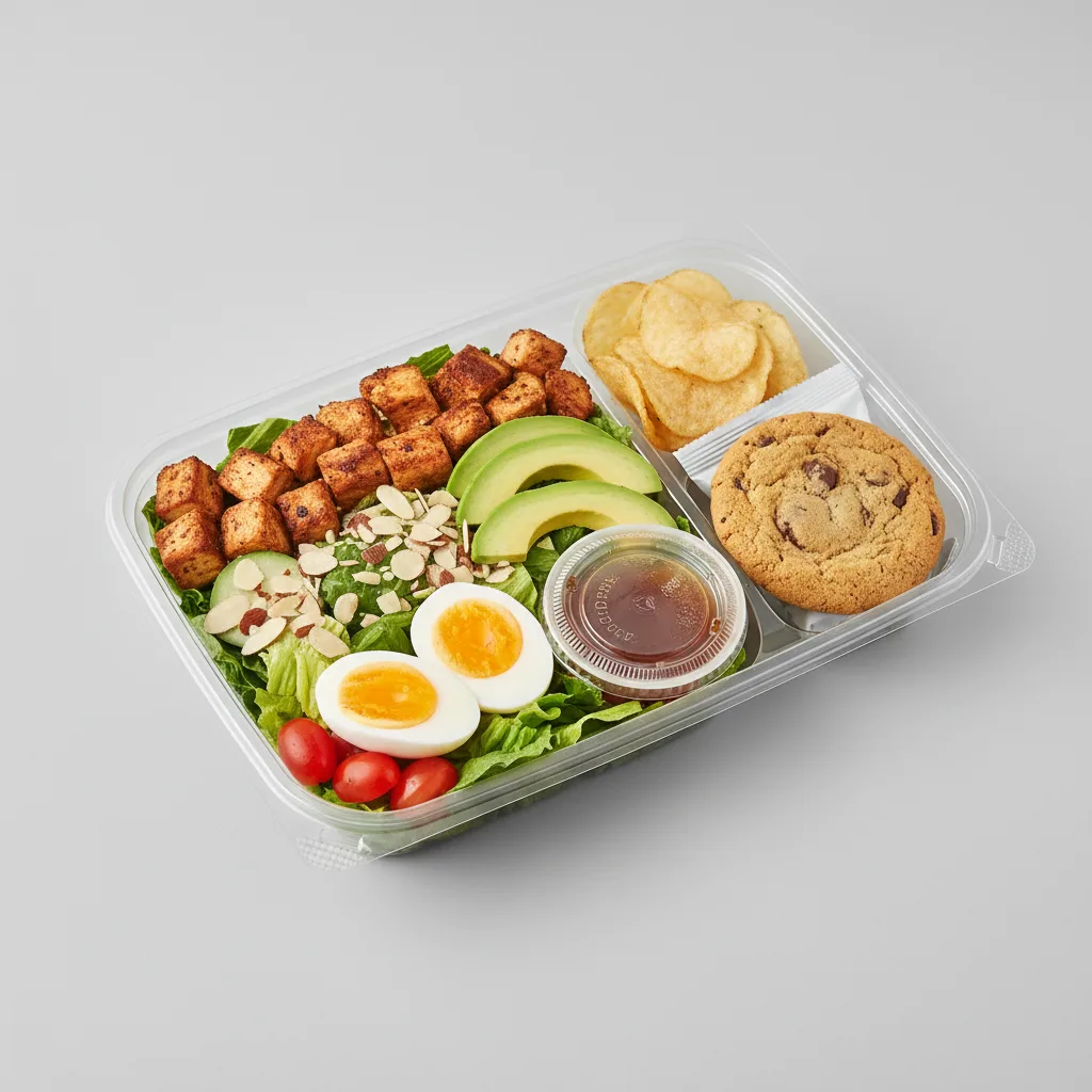 California Cobb Salad with a Bag of Chips and a Chocolate Chip Cookie California Cobb Salad with a Bag of Chips and a Chocolate Chip Cookie