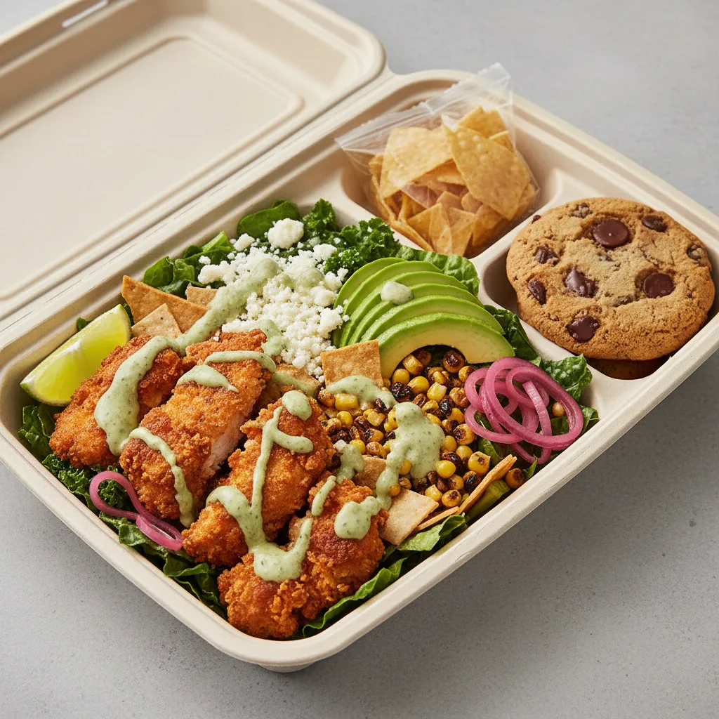 Crispy Chicken Poblano Salad with a Bag of Chips and a Chocolate Chip Cookie Crispy Chicken Poblano Salad with a Bag of Chips and a Chocolate Chip Cookie