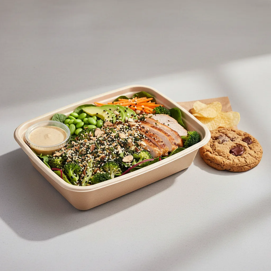Tokyo Supergreens with Oven Roasted Chicken Salad with a Bag of Chips and a Chocolate Chip Cookie Tokyo Supergreens with Oven Roasted Chicken Salad with a Bag of Chips and a Chocolate Chip Cookie