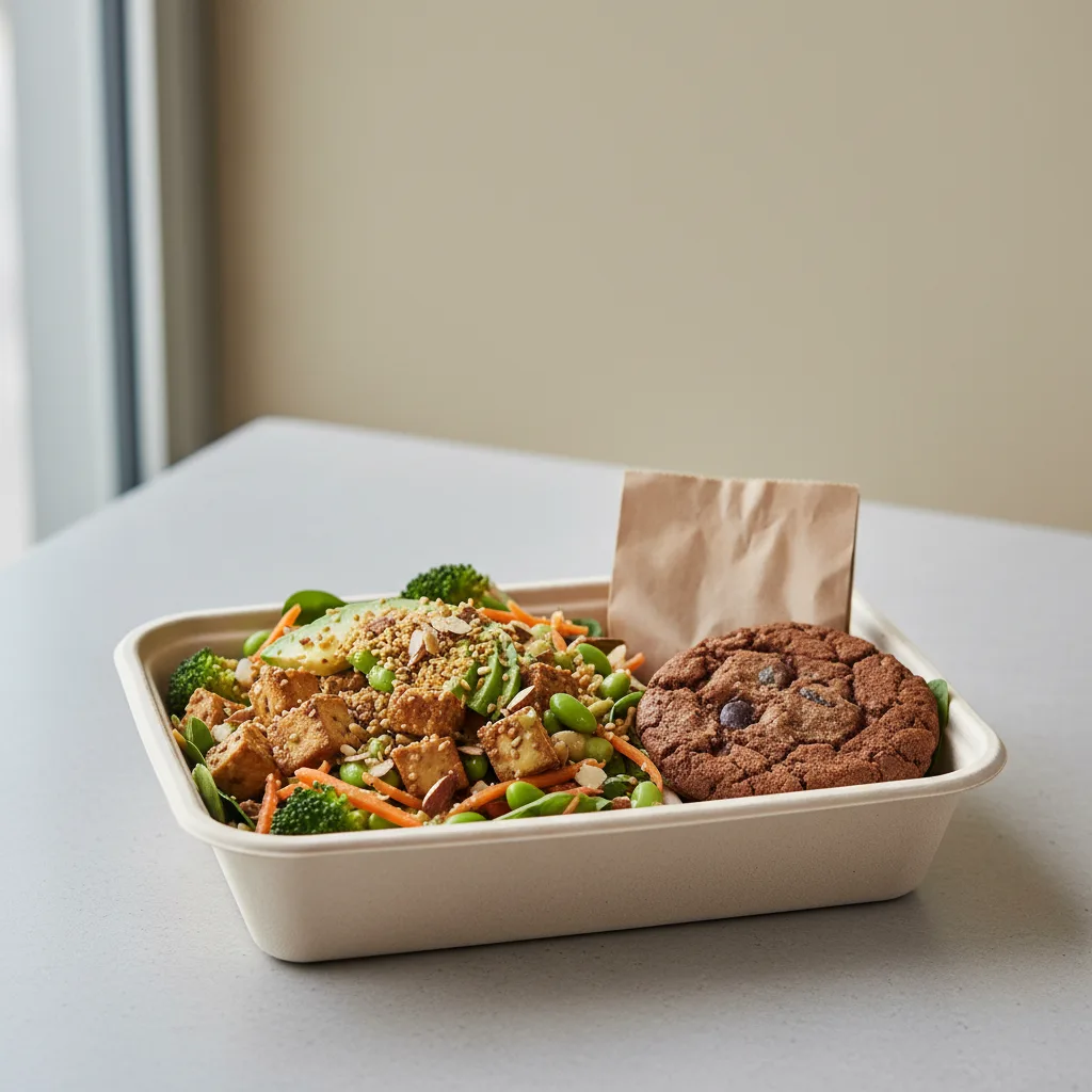 Tokyo Supergreens with Organic Sesame Tofu Salad with a Bag of Chips and a Chocolate Chip Cookie Tokyo Supergreens with Organic Sesame Tofu Salad with a Bag of Chips and a Chocolate Chip Cookie