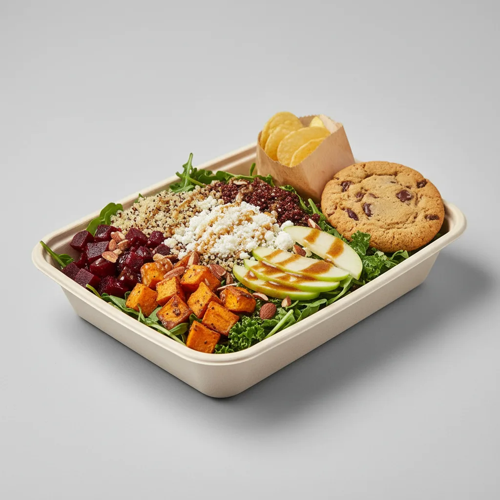 Earth Bowl Salad with a Bag of Chips and a Chocolate Chip Cookie Earth Bowl Salad with a Bag of Chips and a Chocolate Chip Cookie