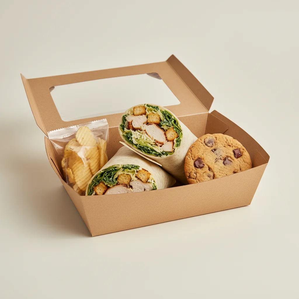 Chicken Caesar Wrap with a Bag of Chips and a Chocolate Chip Cookie Chicken Caesar Wrap with a Bag of Chips and a Chocolate Chip Cookie