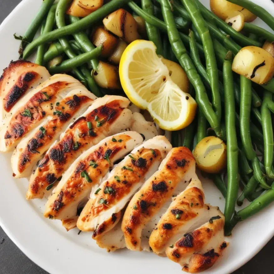Lemon and Herb Marinated Chicken, Roasted Fingerling Potatoes and Sauteed Green Beans