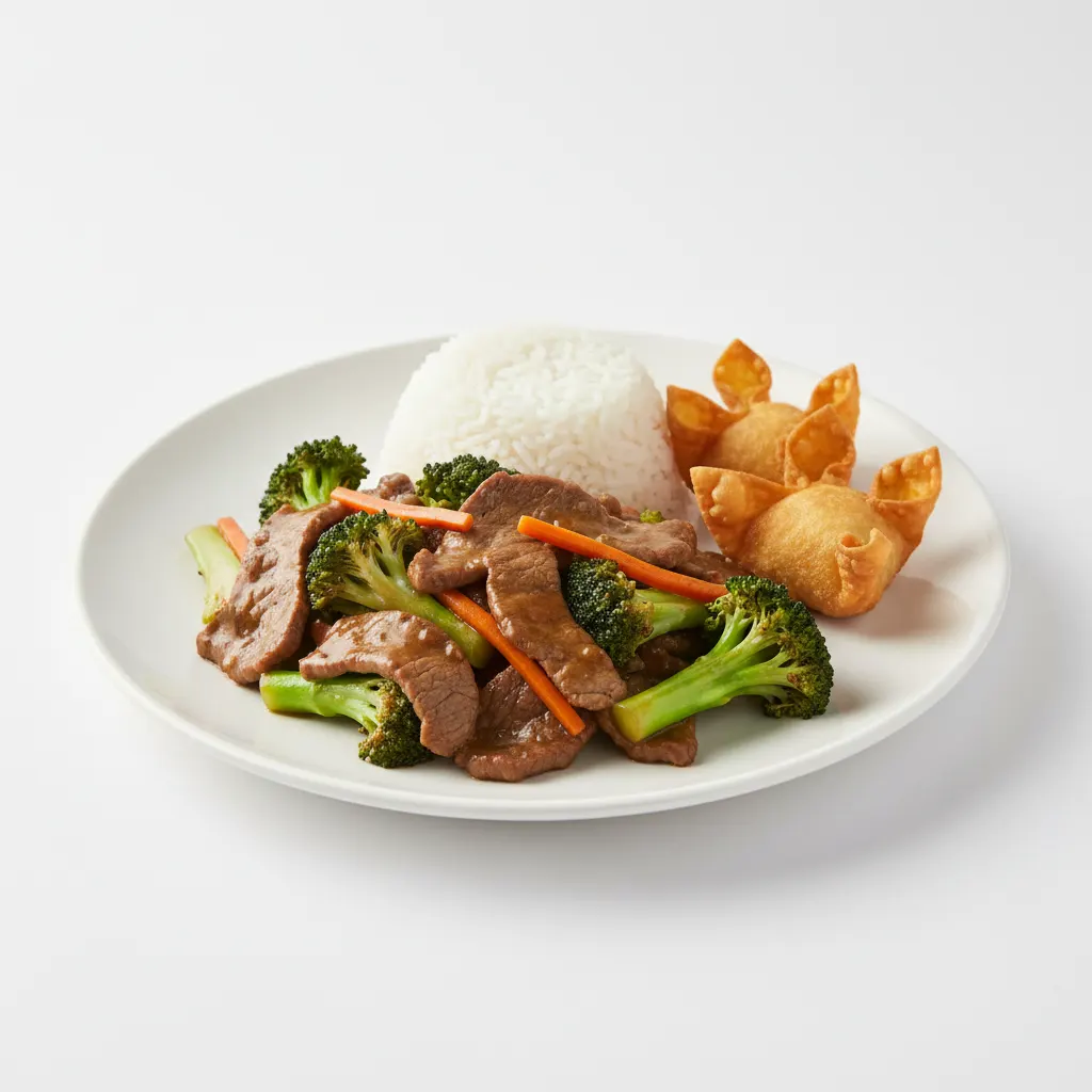 Beef Broccoli with Steamed Rice and Crab Wontons Beef Broccoli with Steamed Rice and Crab Wontons