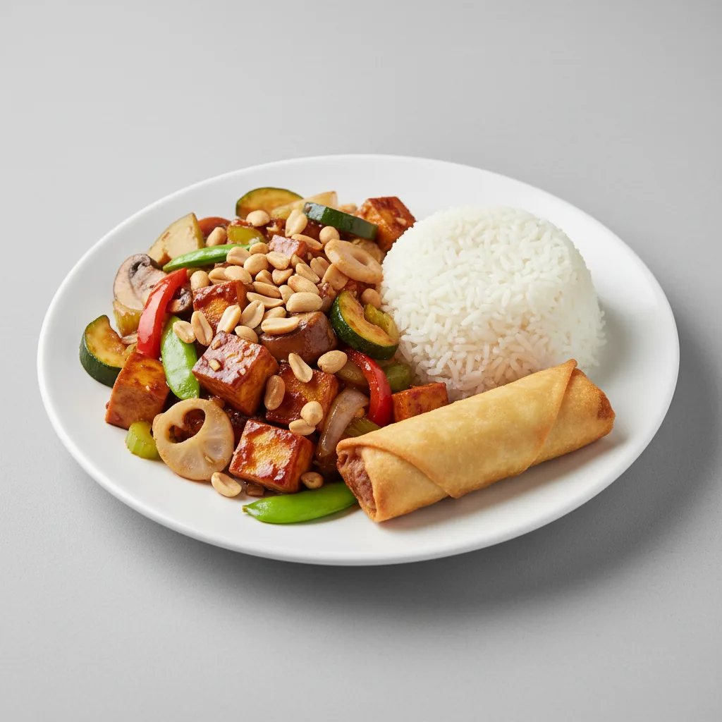 Kung Pao Tofu with Steamed Rice and Egg Roll Kung Pao Tofu with Steamed Rice and Egg Roll
