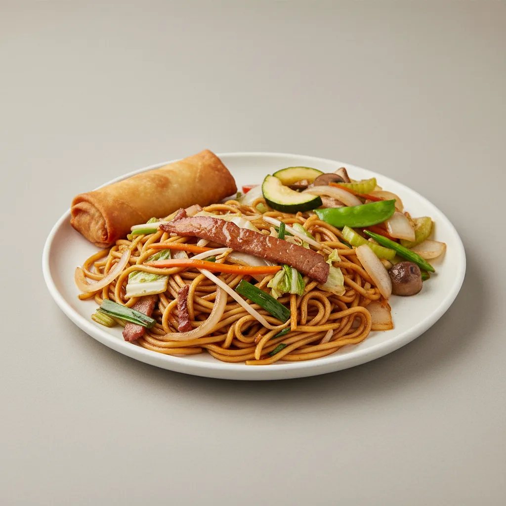 Pork Lo Mein with Mixed Vegetables and Egg Roll Pork Lo Mein with Mixed Vegetables and Egg Roll