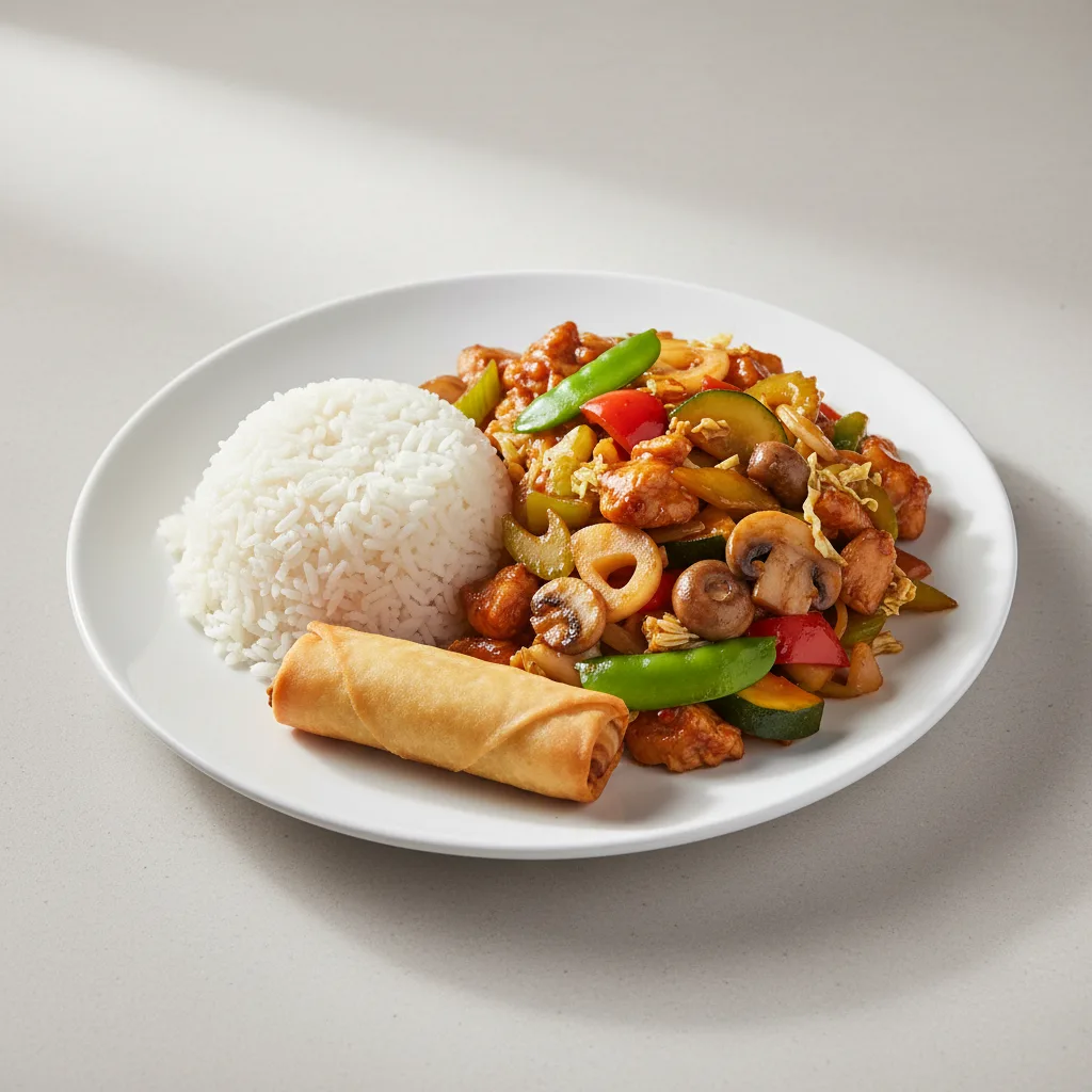 Szechuan Chicken with Steamed Rice and Egg Roll Szechuan Chicken with Steamed Rice and Egg Roll