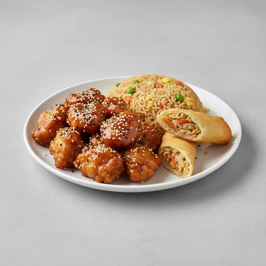 Sesame Chicken with Fried Rice and Egg Roll Sesame Chicken with Fried Rice and Egg Roll
