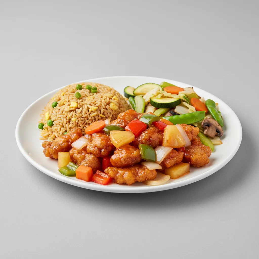 Sweet and Sour Pork with Fried Rice and Mixed Vegetables Sweet and Sour Pork with Fried Rice and Mixed Vegetables