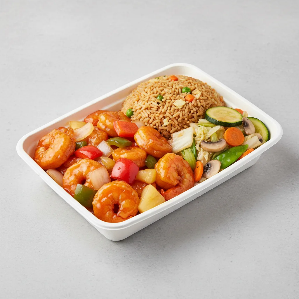 Sweet and Sour Shrimp with Fried Rice and Mixed Vegetables Sweet and Sour Shrimp with Fried Rice and Mixed Vegetables