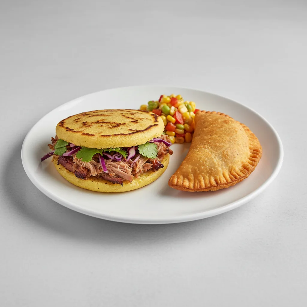 BBQ Pulled Pork Arepa and Chicken Empanada BBQ Pulled Pork Arepa and Chicken Empanada