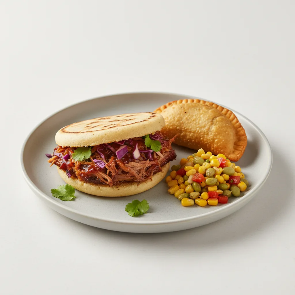 BBQ Pulled Pork Arepa and Beef Empanada BBQ Pulled Pork Arepa and Beef Empanada
