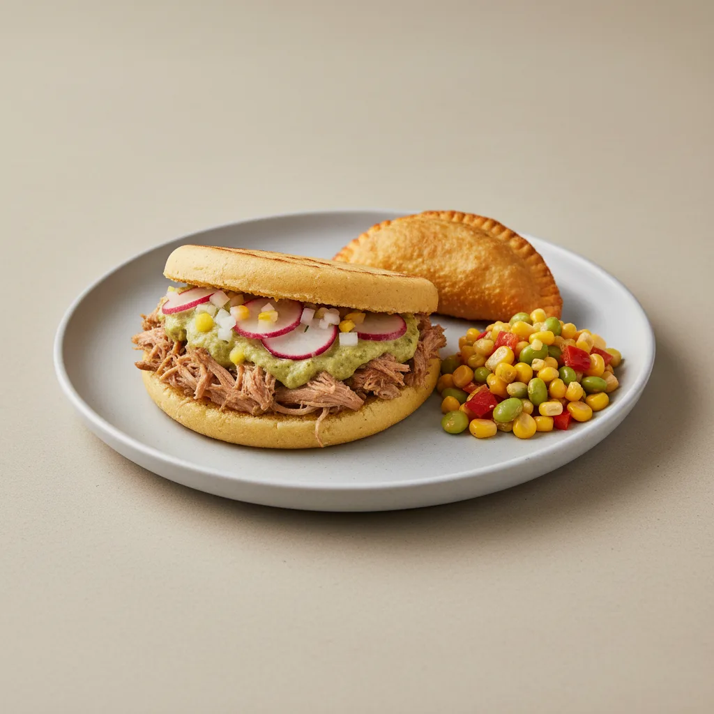Salsa Verde Pork Arepa and Chicken Empanada Salsa Verde Pork Arepa and Chicken Empanada