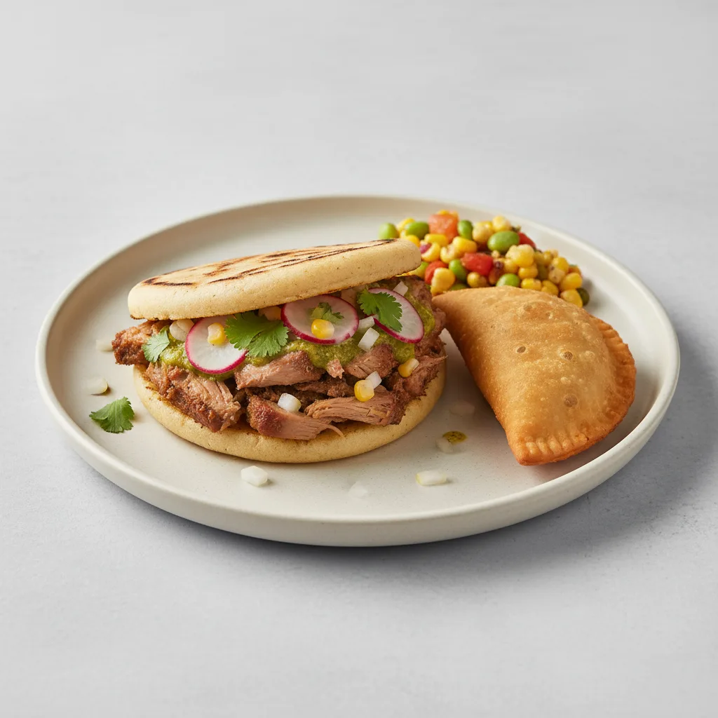 Salsa Verde Pork Arepa and Beef Empanada Salsa Verde Pork Arepa and Beef Empanada
