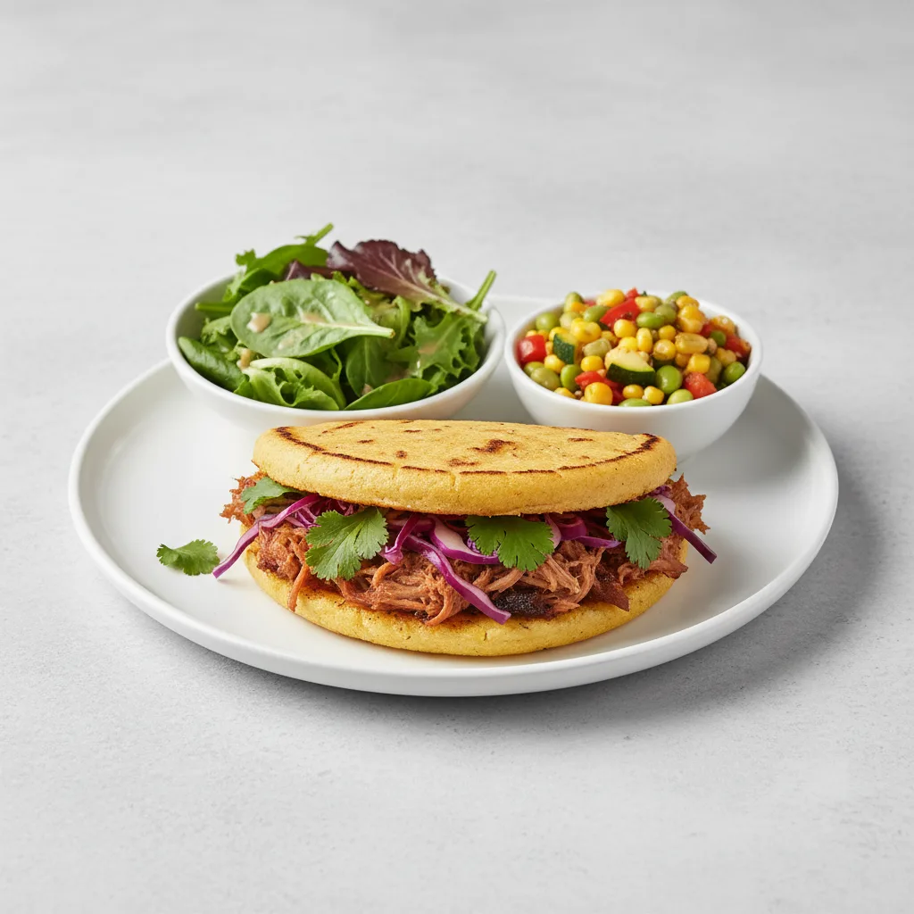 BBQ Pulled Pork Arepa with Sides BBQ Pulled Pork Arepa with Sides