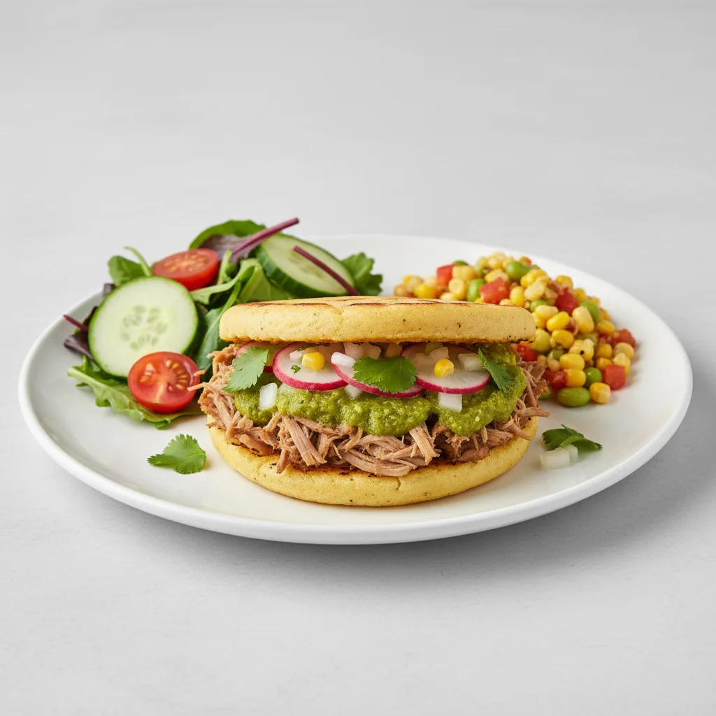 Salsa Verde Pork Arepa with Sides Salsa Verde Pork Arepa with Sides