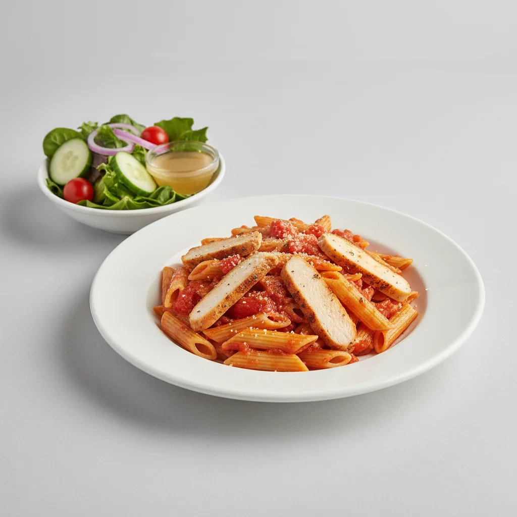 Gluten Free Penne Marinara with Chicken | Garden Salad