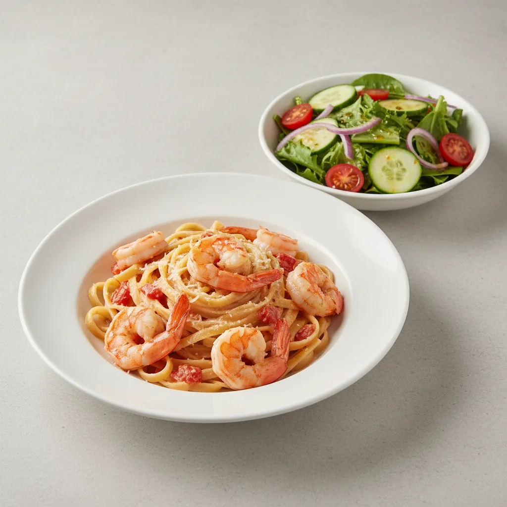 Fettuccine in Rose Sauce with Shrimp | Garden Salad