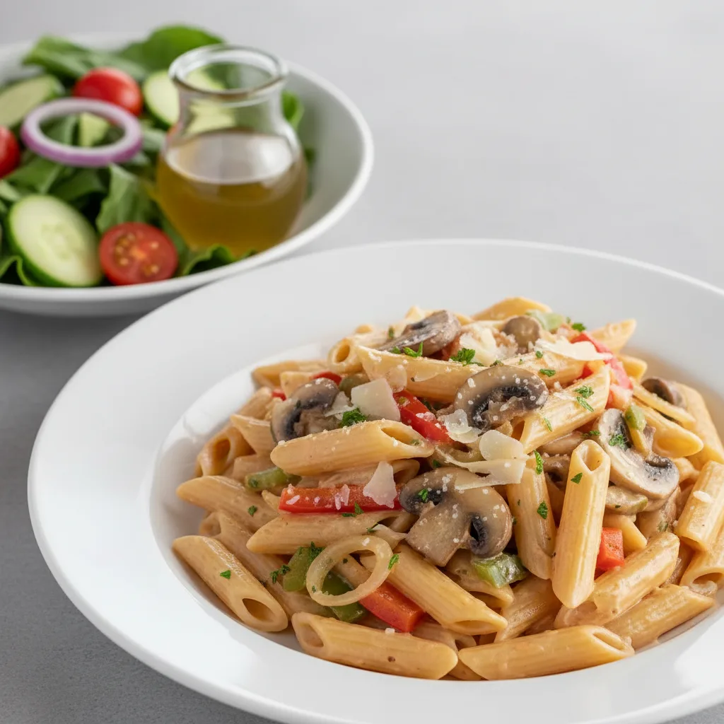 Gluten Free Penne in Rose Sauce with Mixed Vegetables | Garden Salad