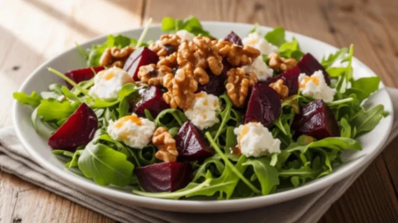 Baby Arugula, Roasted Beets, Caramelized Walnuts, Goat Cheese