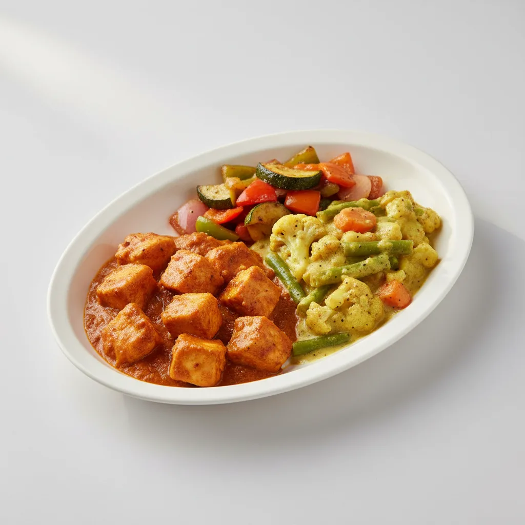 Light Carb Chicken Tikka Masala with Veggie Korma and Tawa Vegetables