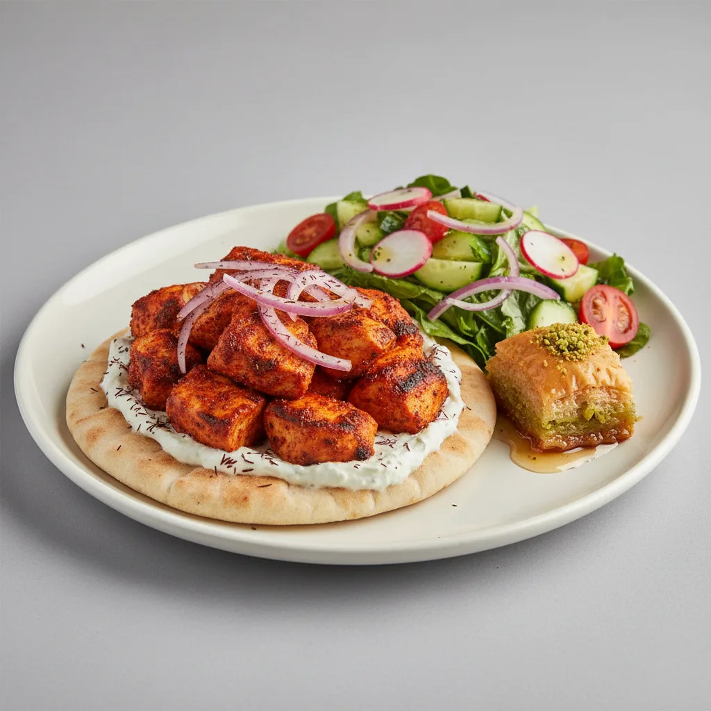 Spicy Chicken Kabob with Mediterranean Salad and Baklava Spicy Chicken Kabob with Mediterranean Salad and Baklava