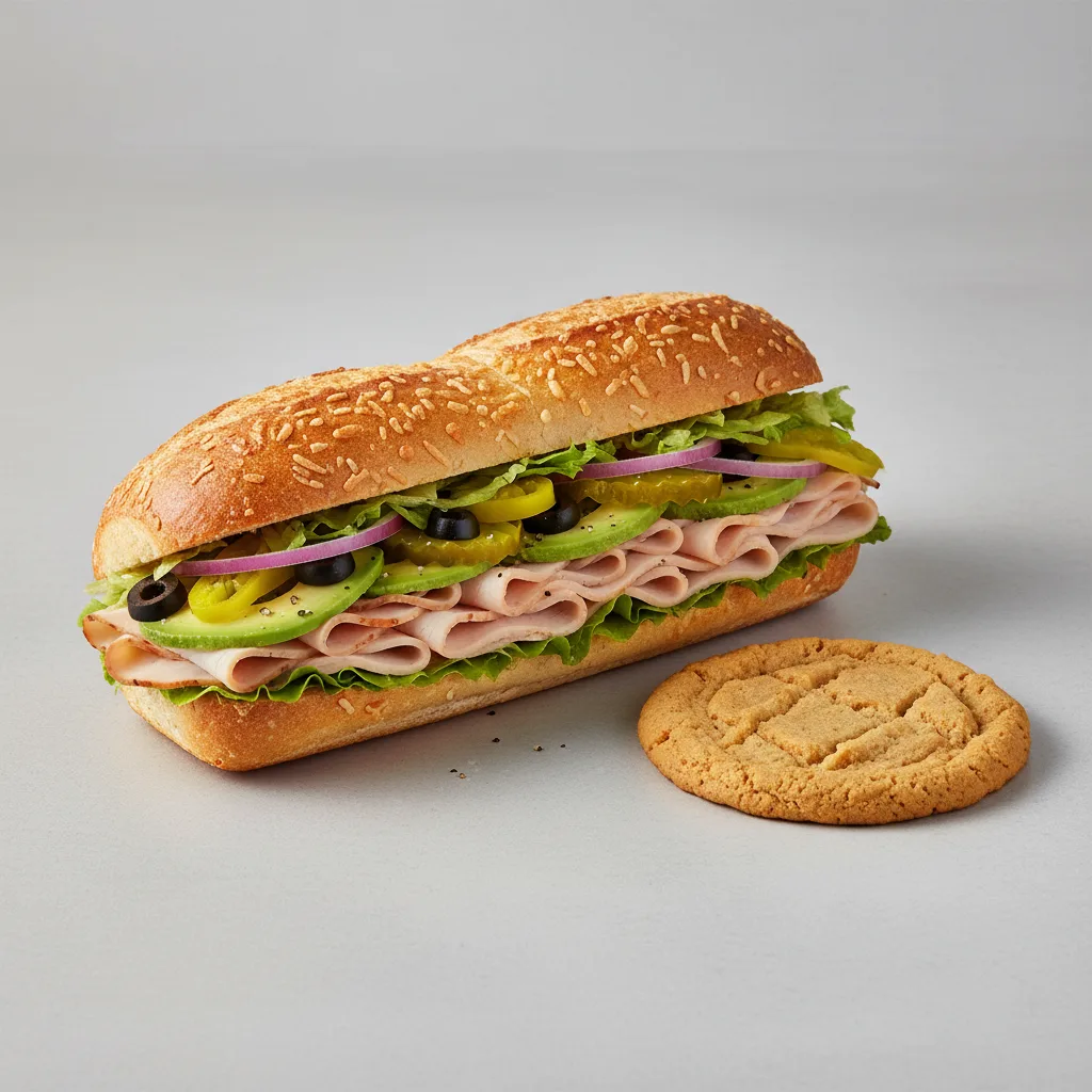 Turkey & Avocado Sub on Parmesan Bread & a Peanut Butter Cookie (No Tomatoes) Turkey & Avocado Sub on Parmesan Bread & a Peanut Butter Cookie (No Tomatoes)