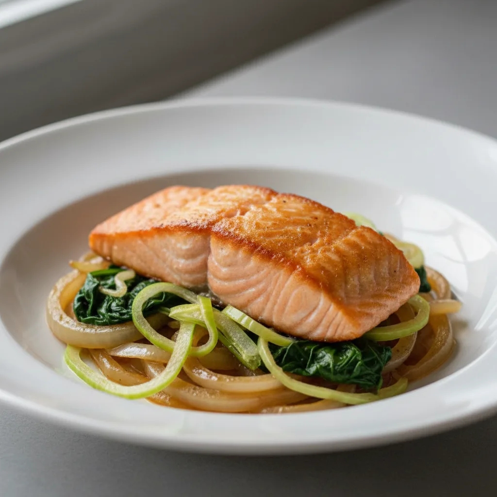 Pan Seared Salmon With Caramelized Onions, Fennel and Spinach Pan Seared Salmon With Caramelized Onions, Fennel and Spinach