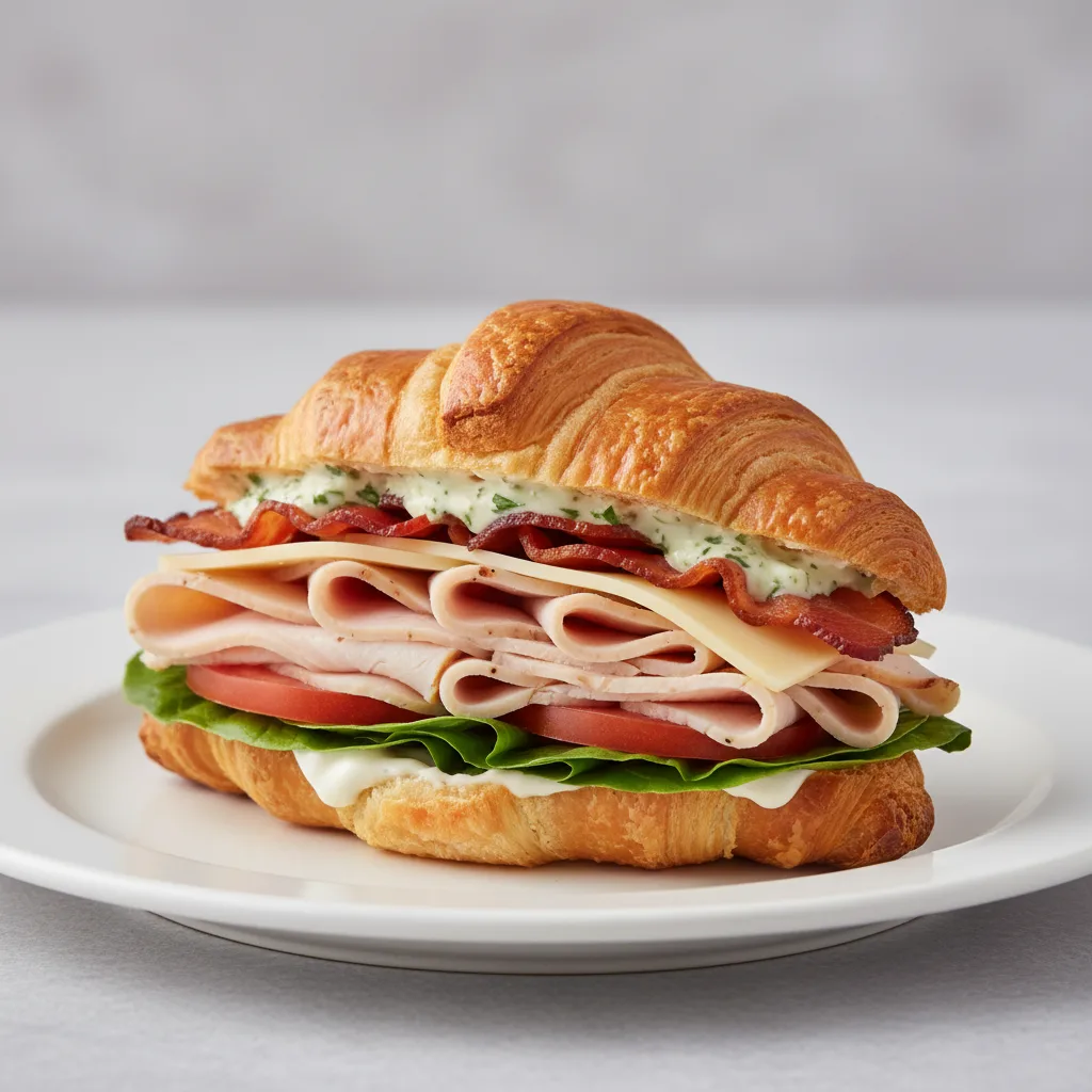 Mini Croissant, Oven Roasted Turkey, Hickory Smoked Bacon, Swiss, Romaine Tomato, Chimichurri, Mayo Mini Croissant, Oven Roasted Turkey, Hickory Smoked Bacon, Swiss, Romaine Tomato, Chimichurri, Mayo