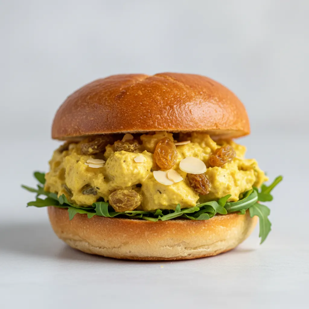 Curried Chicken Salad, Golden Raisins, Shaved Almonds, Arugula, Toasted Mini Brioche Bun Curried Chicken Salad, Golden Raisins, Shaved Almonds, Arugula, Toasted Mini Brioche Bun