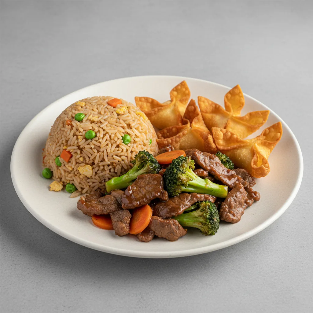 Beef Broccoli with Fried Rice and Crab Wontons Beef Broccoli with Fried Rice and Crab Wontons