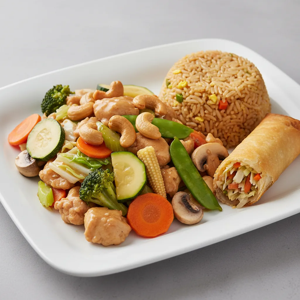 Cashew Chicken with Fried Rice and Egg Roll Cashew Chicken with Fried Rice and Egg Roll