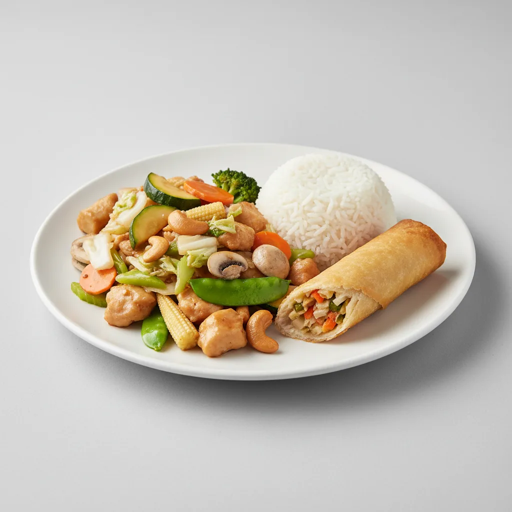 Cashew Chicken with Steamed Rice with Egg Roll Cashew Chicken with Steamed Rice with Egg Roll