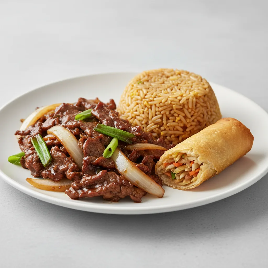 Mongolian Beef with Fried Rice and Egg Roll Mongolian Beef with Fried Rice and Egg Roll