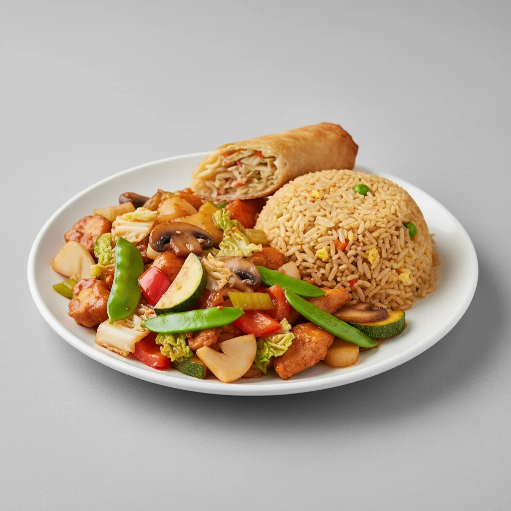 Szechuan Chicken with Fried Rice and Egg Roll Szechuan Chicken with Fried Rice and Egg Roll