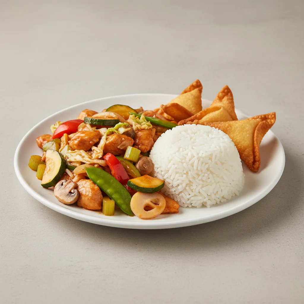 Szechuan Chicken with Steamed Rice and Crab Wonton Szechuan Chicken with Steamed Rice and Crab Wonton