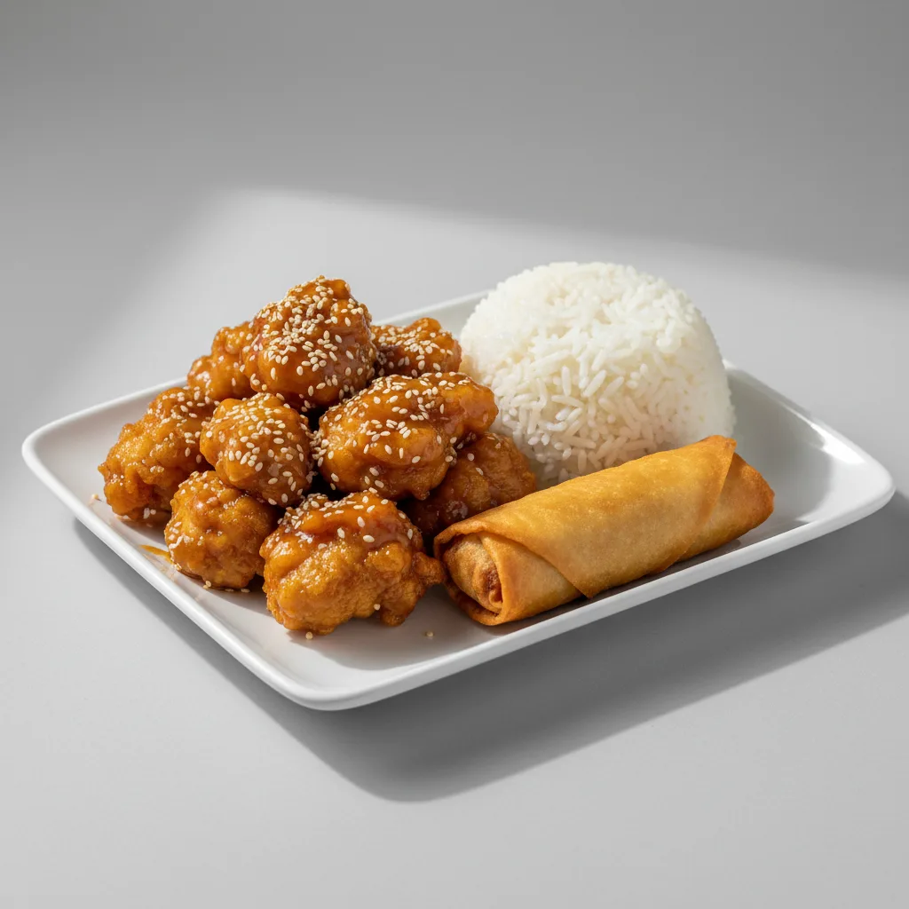 Sesame Chicken with White Rice and Egg Roll Sesame Chicken with White Rice and Egg Roll